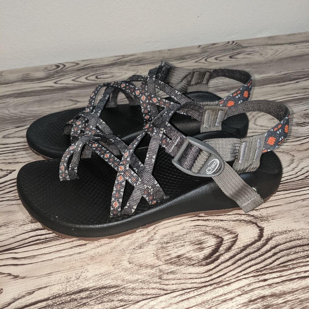 Gray and orange chaco sandals